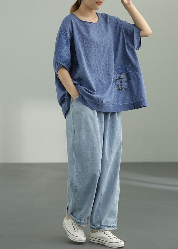Natural Blue Loose O-Neck Print Fall Tee Half Sleeve GK-HTP210910