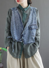 Natural Blue pockets tie waist Asymmetrical denim vest Spring GK-VTP220127