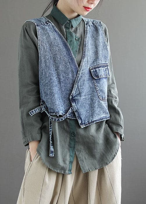 Natural Blue pockets tie waist Asymmetrical denim vest Spring GK-VTP220127