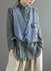 Natural Blue pockets tie waist Asymmetrical denim vest Spring GK-VTP220127