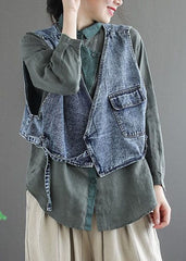Natural Blue pockets tie waist Asymmetrical denim vest Spring GK-VTP220127