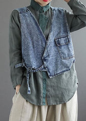 Natural Blue pockets tie waist Asymmetrical denim vest Spring GK-VTP220127