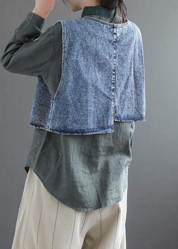Natural Blue pockets tie waist Asymmetrical denim vest Spring GK-VTP220127