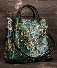 Natural Green Floral Paitings Calf Leather Satchel Handbag ZPBAG-BGS220209