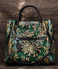 Natural Green Floral Paitings Calf Leather Satchel Handbag ZPBAG-BGS220209