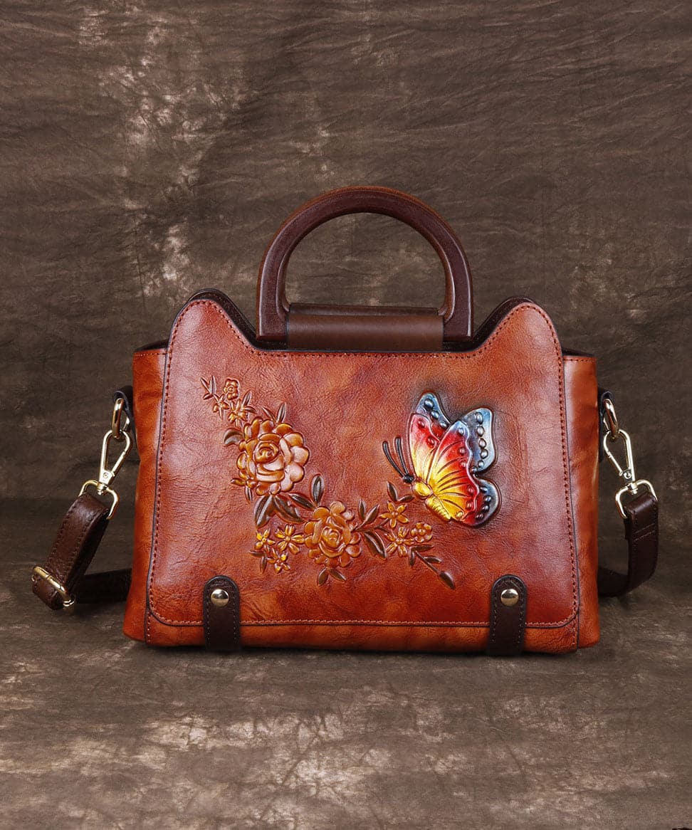 Natural Red Brown Floral Paitings Leather Satchel Handbag BGS211230