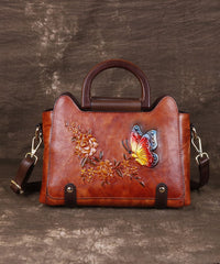 Natural Red Brown Floral Paitings Leather Satchel Handbag BGS211230