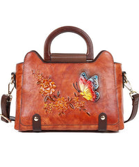 Natural Red Brown Floral Paitings Leather Satchel Handbag BGS211230