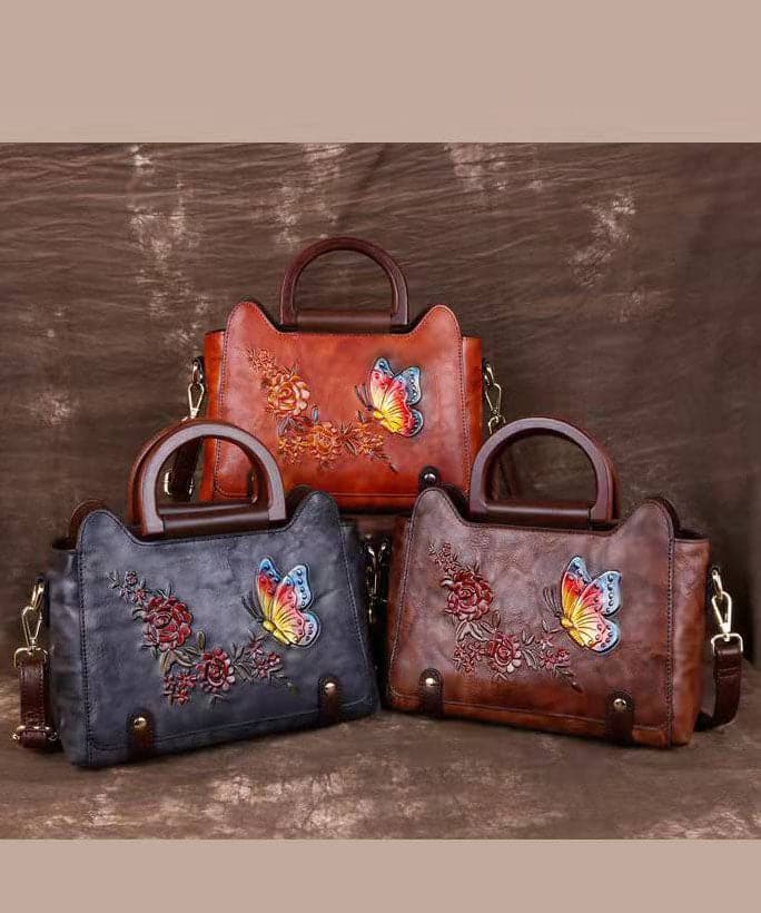 Natural Red Brown Floral Paitings Leather Satchel Handbag BGS211230