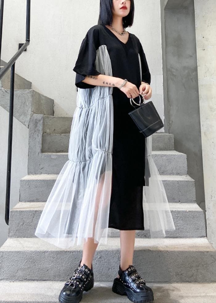 Natural black cotton quilting clothes o neck patchwork tulle Robe summer Dresses AT-SDL200623
