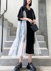 Natural black cotton quilting clothes o neck patchwork tulle Robe summer Dresses AT-SDL200623