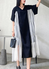 Natural black cotton quilting clothes o neck patchwork tulle Robe summer Dresses AT-SDL200623