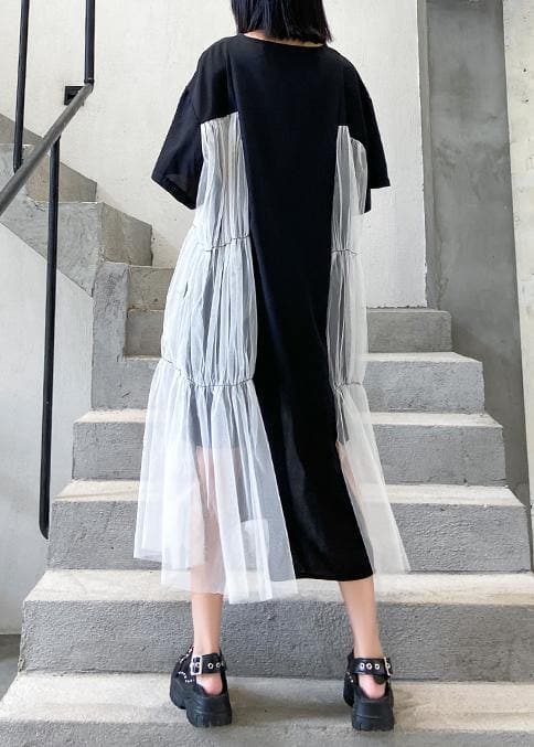 Natural black cotton quilting clothes o neck patchwork tulle Robe summer Dresses AT-SDL200623