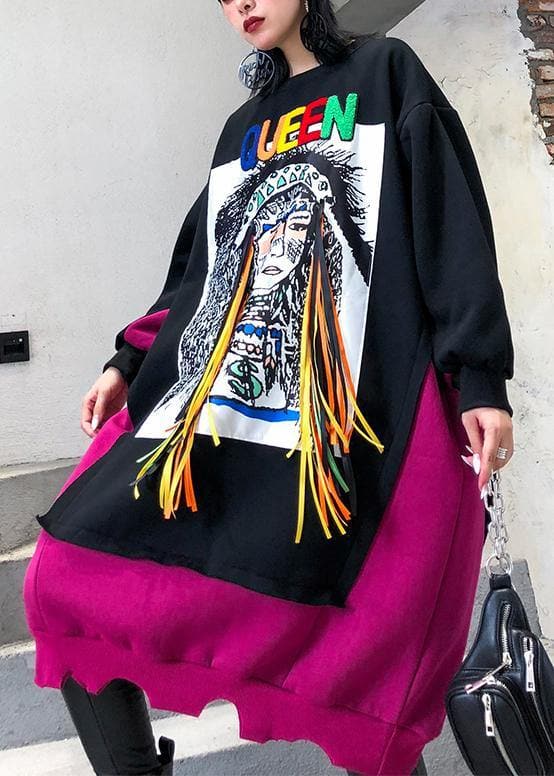 Natural patchwork cotton winter Tunic Fashion Ideas black Cartoon print Dresses AT-FDM191101