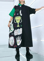 Natural prints cotton clothes Sewing black patchwork long Dress summer AT-SDL190411
