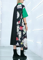 Natural prints cotton clothes Sewing black patchwork long Dress summer AT-SDL190411