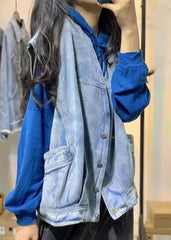 Natural sleeveless cotton clothes For Women Shirts denim blue v neck shirts fall CTS190815