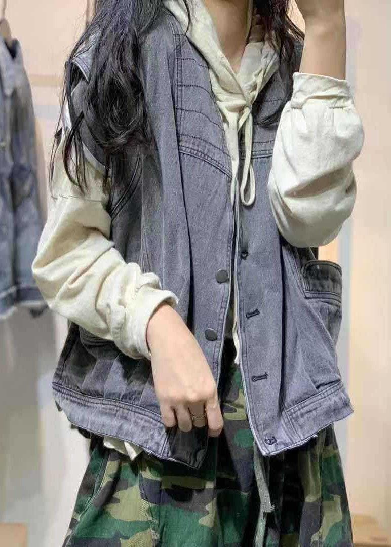 Natural sleeveless cotton clothes For Women Shirts denim blue v neck shirts fall CTS190815