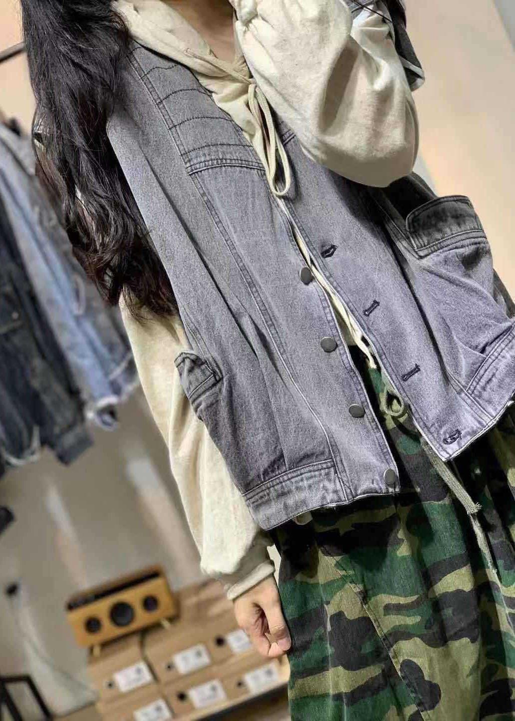 Natural sleeveless cotton clothes For Women Shirts denim blue v neck shirts fall CTS190815