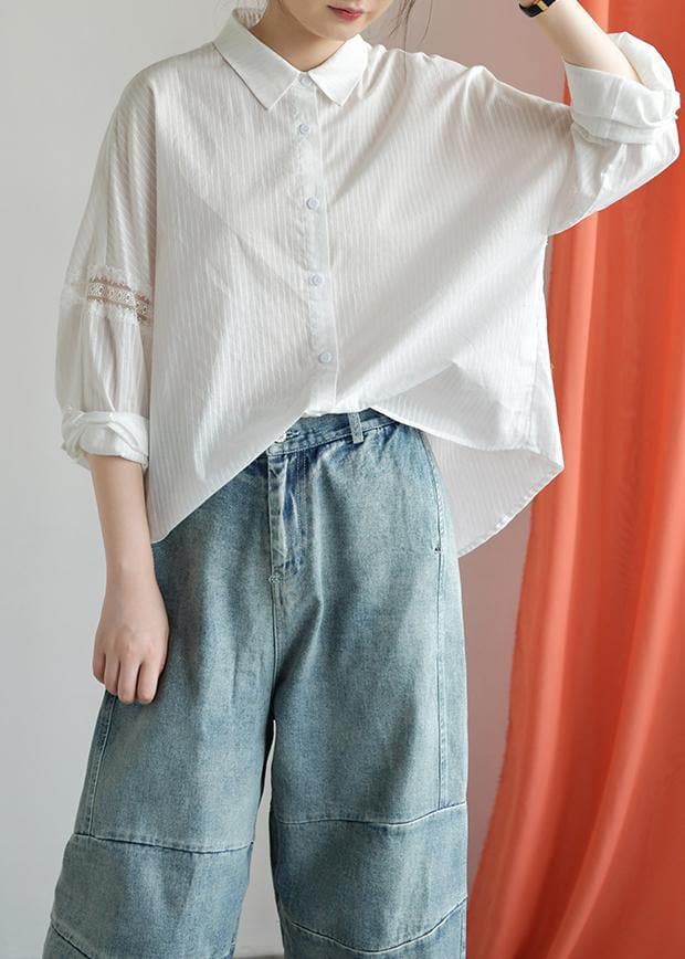 Natural white cotton tunic lapel patchwork Jacquard Plus Size Clothing fall blouse LTP190827
