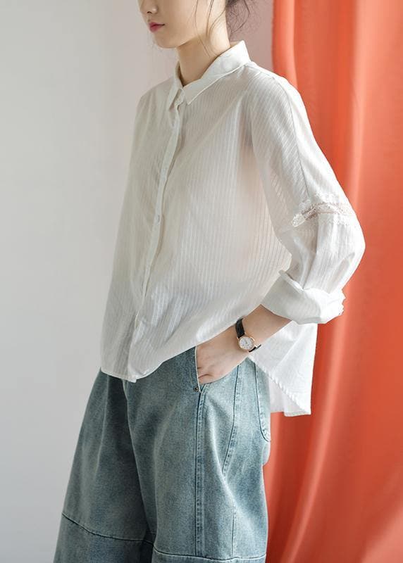 Natural white cotton tunic lapel patchwork Jacquard Plus Size Clothing fall blouse LTP190827