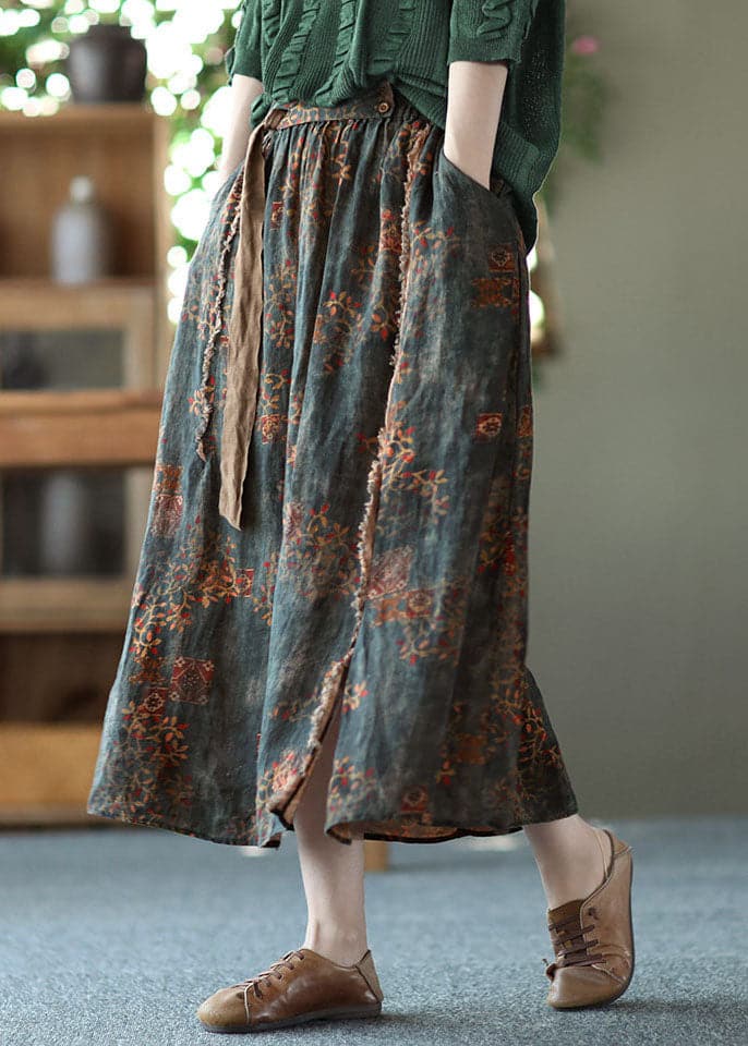 Navy Loose Linen A Line Skirt Sashes Elastic Waist Summer GK-SKTS220512