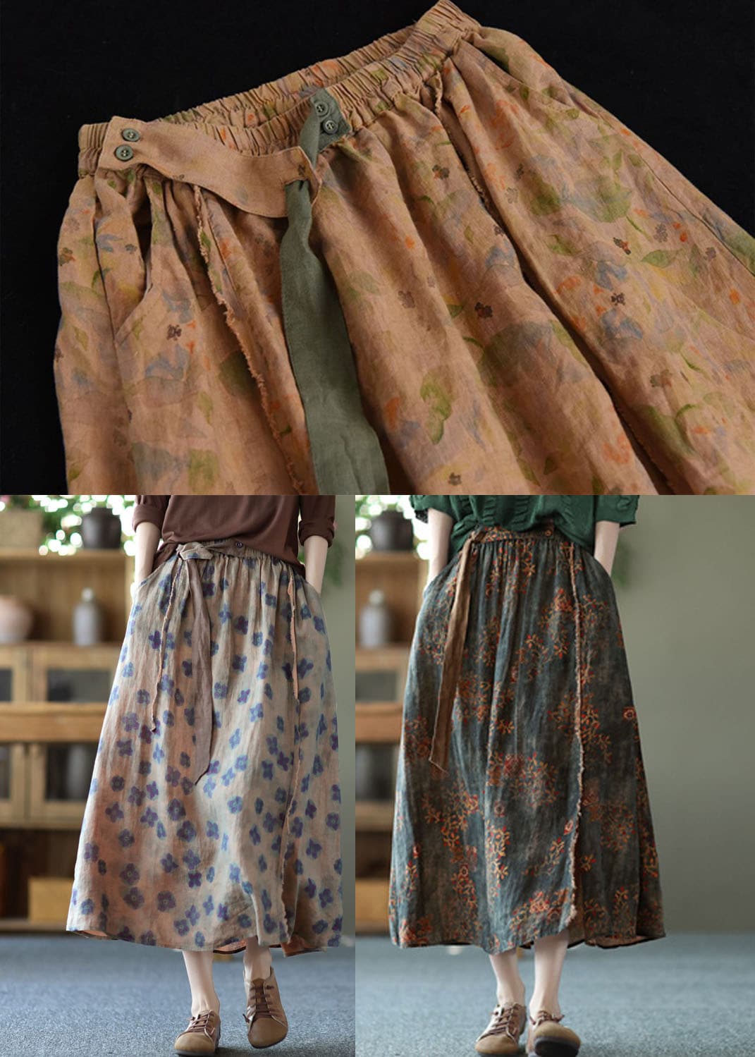 Navy Loose Linen A Line Skirt Sashes Elastic Waist Summer GK-SKTS220512