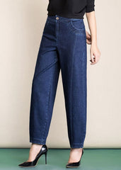 Navy Pockets Patchwork Cotton Denim Harem Pants High Waist Spring NZ-LPTS22060701