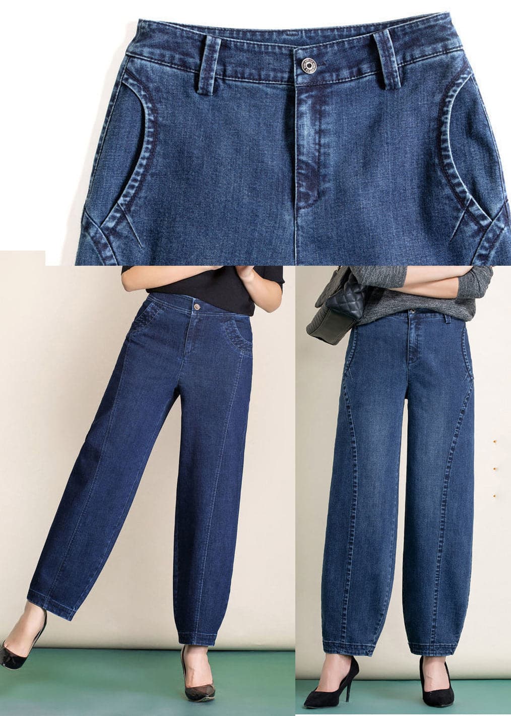 Navy Pockets Patchwork Cotton Denim Harem Pants High Waist Spring NZ-LPTS22060701