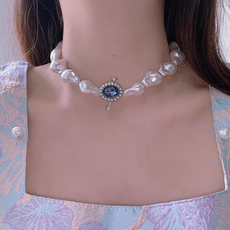 Necklace Charm Jewelry Vintage Blue Crystal Pearl Touchy Style