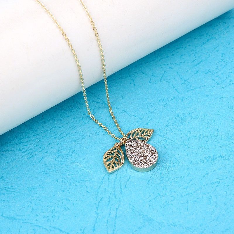 Necklaces Charm Jewelry NCJB04 Pear Leaf and Druzy Stone Touchy Style