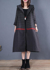 New Loose fitting long coat fall coat black hooded patchwork coat TCT190925
