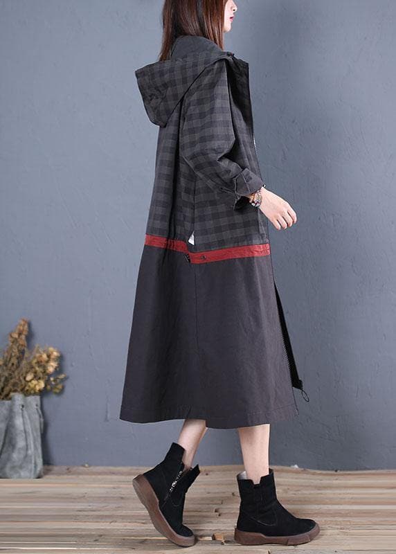 New Loose fitting long coat fall coat black hooded patchwork coat TCT190925