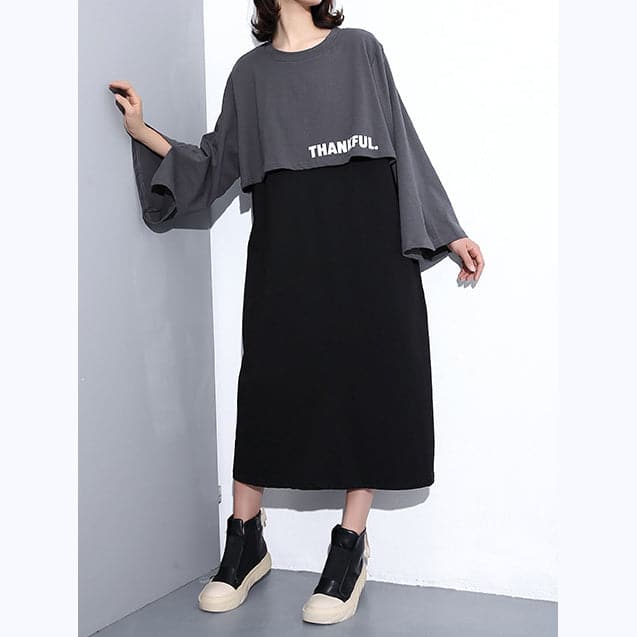 New gray fall dress trendy plus size O neck cotton clothing dresses Elegant faux two pieces maxi dresses AT-FDL180910
