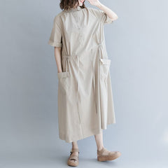 New khaki cotton blended dress plus size clothing traveling clothing Elegant short sleeve pockets Turn-down Collar baggy dresses SDL180808