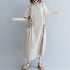 New khaki cotton blended dress plus size clothing traveling clothing Elegant short sleeve pockets Turn-down Collar baggy dresses SDL180808