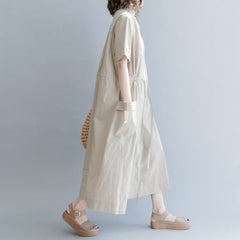 New khaki cotton blended dress plus size clothing traveling clothing Elegant short sleeve pockets Turn-down Collar baggy dresses SDL180808