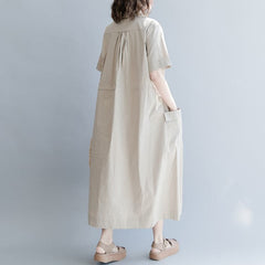 New khaki cotton blended dress plus size clothing traveling clothing Elegant short sleeve pockets Turn-down Collar baggy dresses SDL180808