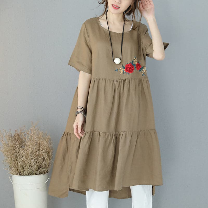 New khaki natural linen dress trendy plus size embroidery linen clothing dress 2018short sleeve caftans SDL180727