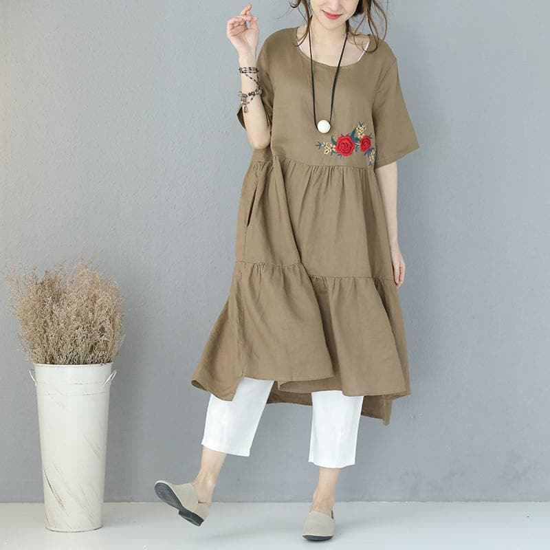 New khaki natural linen dress trendy plus size embroidery linen clothing dress 2018short sleeve caftans SDL180727