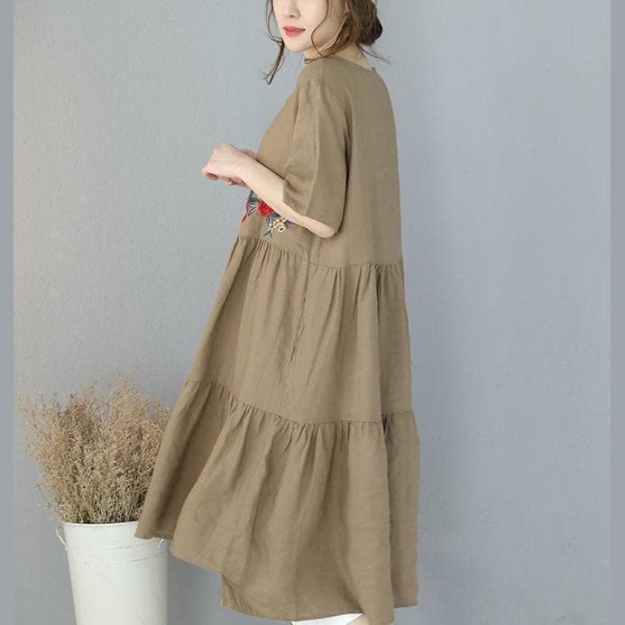 New khaki natural linen dress trendy plus size embroidery linen clothing dress 2018short sleeve caftans SDL180727