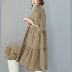 New khaki natural linen dress trendy plus size embroidery linen clothing dress 2018short sleeve caftans SDL180727