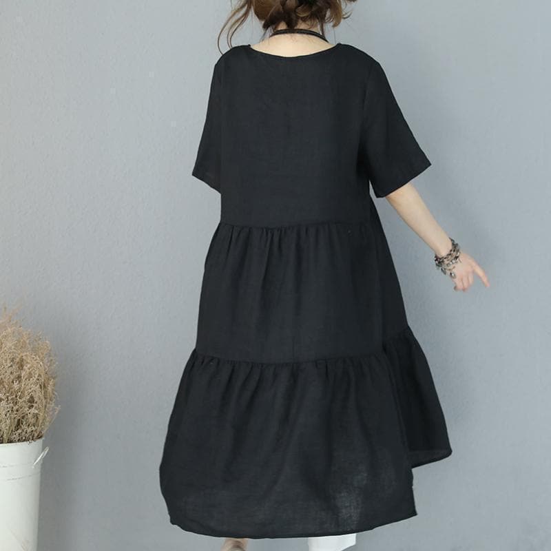 New khaki natural linen dress trendy plus size embroidery linen clothing dress 2018short sleeve caftans SDL180727