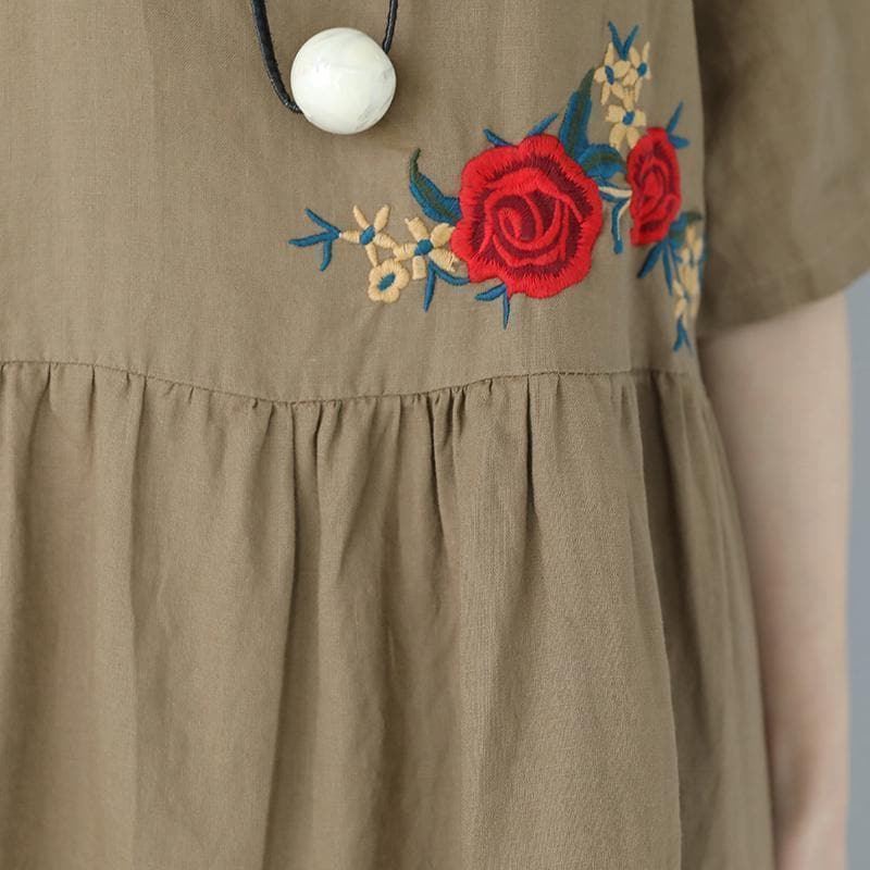 New khaki natural linen dress trendy plus size embroidery linen clothing dress 2018short sleeve caftans SDL180727