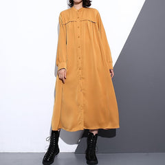 New yellow silk cotton blended caftans plus size clothing stand collar silk cotton blended clothing dress fine pockets Cinched caftans AT-FDL180910