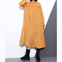 New yellow silk cotton blended caftans plus size clothing stand collar silk cotton blended clothing dress fine pockets Cinched caftans AT-FDL180910