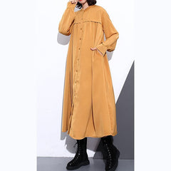 New yellow silk cotton blended caftans plus size clothing stand collar silk cotton blended clothing dress fine pockets Cinched caftans AT-FDL180910