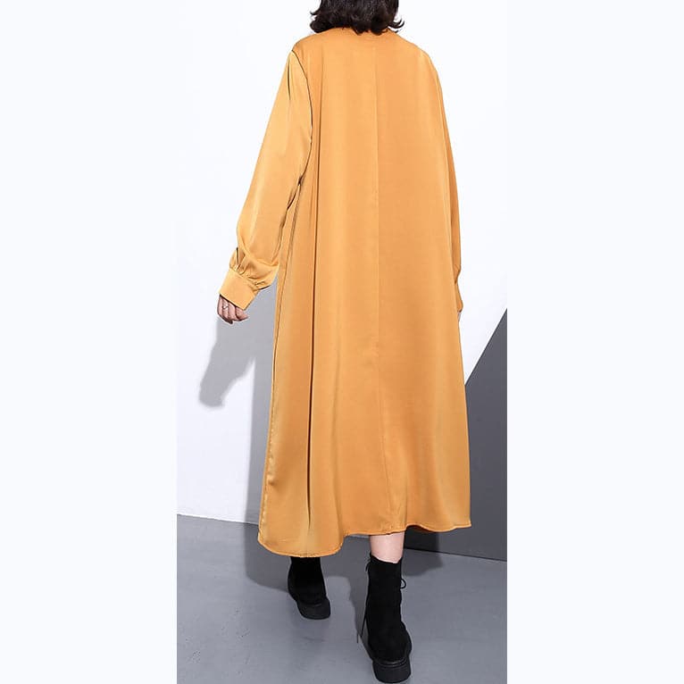 New yellow silk cotton blended caftans plus size clothing stand collar silk cotton blended clothing dress fine pockets Cinched caftans AT-FDL180910