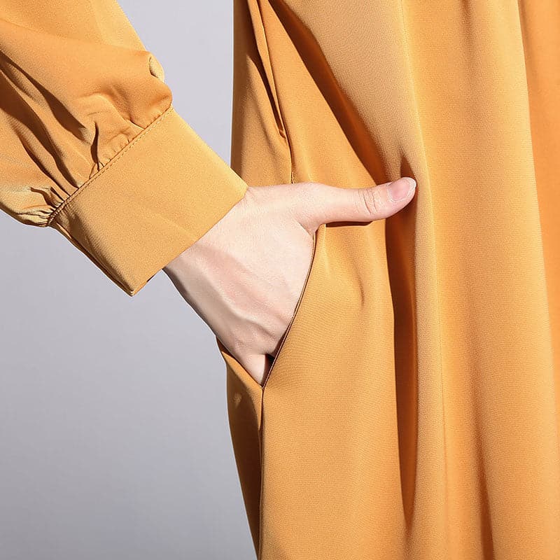 New yellow silk cotton blended caftans plus size clothing stand collar silk cotton blended clothing dress fine pockets Cinched caftans AT-FDL180910