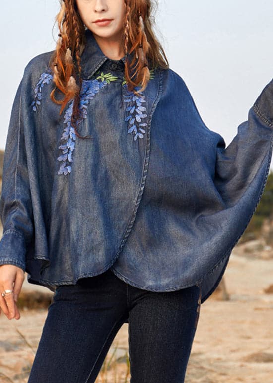 Novelty denim Blue asymmetrical design Peter Pan Collar Embroideried Cotton Top Long Sleeve nz-LTP220304